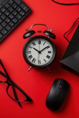 Poster - Black alarm clock with computer keyboard and mouse on red background