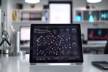 Poster - A sleek office desk with a tablet displaying an interactive neural pathway map and genome analysis tool