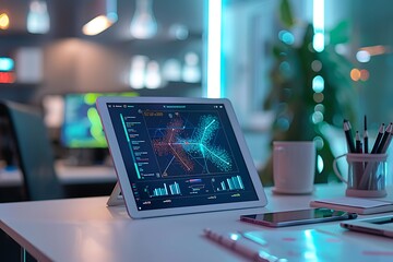 Poster - A sleek office desk with a tablet displaying an interactive neural pathway map and genome analysis tool