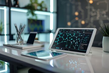 Poster - A sleek office desk with a tablet displaying an interactive neural pathway map and genome analysis tool