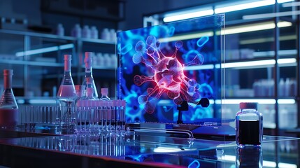 Poster - A sleek research lab with a transparent LCD screen displaying a rotating model of a neuron