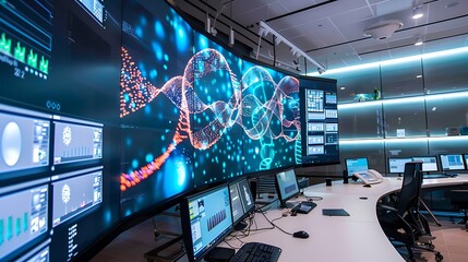 Poster - A sophisticated office with a wall-sized LED display showcasing a rotating 3D DNA model