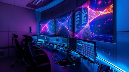 Poster - A sophisticated office with a wall-sized LED display showcasing a rotating 3D DNA model
