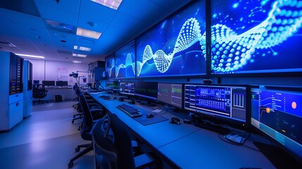 Poster - A sophisticated office with a wall-sized LED display showcasing a rotating 3D DNA model