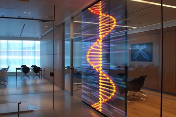 Poster - A sophisticated computer lab with a wall-mounted display showing a dynamic model of a DNA strand and neural connections