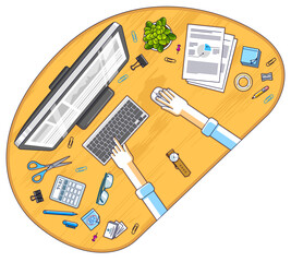 Fototapete - Office employee or entrepreneur work desk workplace with hands and PC computer and diverse stationery objects for work, top view. All elements are easy to use separately. Vector illustration.
