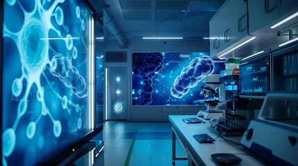 Poster - A sophisticated research lab with a wall-sized LED display showcasing a rotating 3D model of a neuron and DNA strand