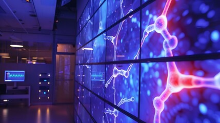 Poster - A sophisticated research lab with a wall-sized LED display showcasing a rotating 3D model of a neuron and DNA strand