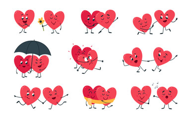 funny cartoon couple hearts. heart in love, romantic activities saint valentines day symbols. cute c