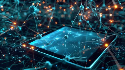 Poster - A tablet with a blank screen surrounded by holographic neuron models, highlighting synaptic connections