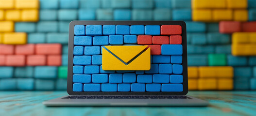Poster - colorful bricks forming email icon on laptop screen representing digital communication