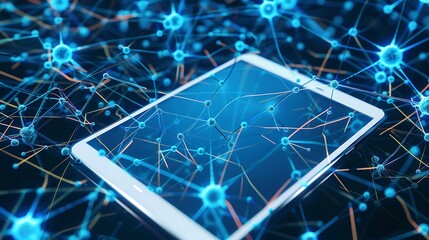 Poster - A tablet with a blank screen surrounded by holographic neuron models, highlighting synaptic connections