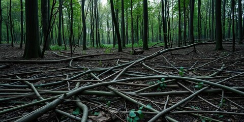 Wall Mural - Forest floor covered in a layer of fallen branches, tangled, dark