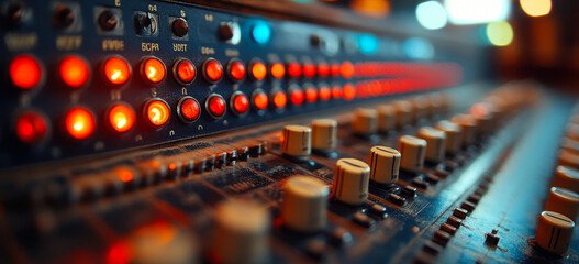 Poster - analog switching board with digital technology elements and glowing interface controls