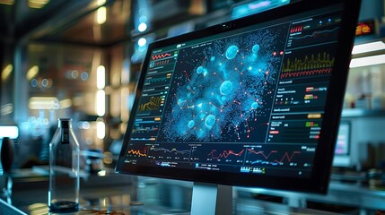 Poster - A touchscreen monitor in a lab displaying an interactive map of the human genome and neural networks