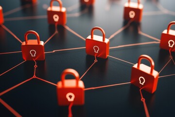 Poster - Abstract Red Locks on a Cybersecurity Network Screen with Nodes and Connections for Digital Safety