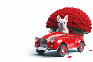  French bulldog sitting in red toy truck overloaded with red roses on white background. romantic gift delivery. Valentines Day and love concept. flower delivery service and transportation,