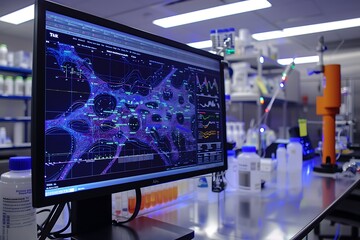 Poster - A touchscreen monitor in a lab displaying an interactive map of the human genome and neural networks
