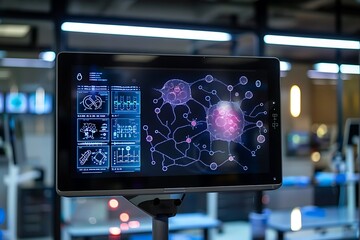 Poster - A high-resolution touchscreen in a lab, displaying a detailed map of neural pathways with interactive elements