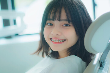 Wall Mural - young woman with braces sitting in a dentist chair