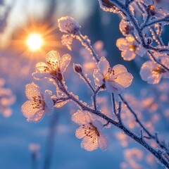 Wall Mural - Frosted blossoms illuminated by the sun, creating a serene winter landscape.