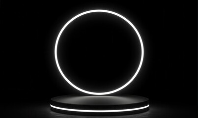 Poster - Black podium with glowing white neon ring in dark setting
