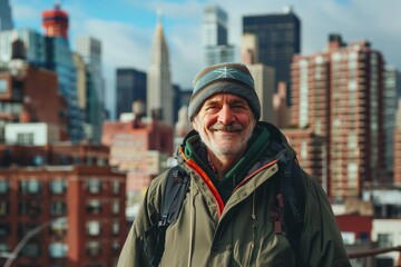 Sticker - Portrait of a glad man in his 40s wearing a functional windbreaker on vibrant city skyline