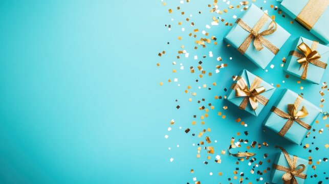 Celebration banner with luxurious gift boxes tied with ribbons, paper crafts accentuate the turquoise backdrop