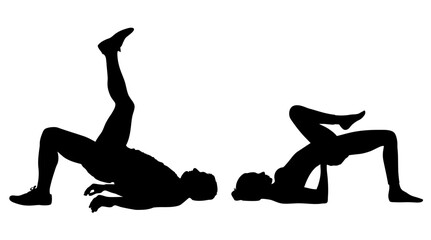 Wall Mural - Silhouettes of slim girl and boy practicing yoga stretching exercises. Vector illustration of fitness peope isolated on white background. 