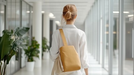 Poster - Woman walking down a modern hallway carrying a bag in a contemporary office environment