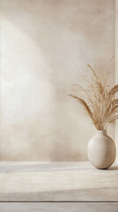 Wall Mural - Minimalist living room with a soft beige palette, a neutral area rug, and a single decorative vase