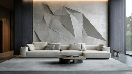 Wall Mural - Minimalist living room with a sleek white sofa, simple geometric wall art, and a light gray rug creating a balanced design