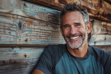 Wall Mural - Portrait of a happy man in his 40s sporting a breathable mesh jersey on rustic wooden wall