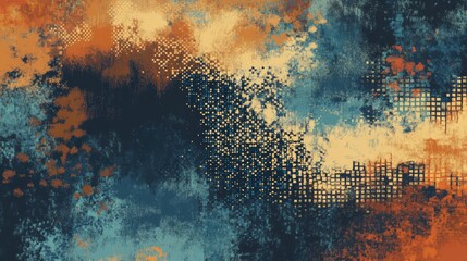 Wall Mural - A hand-drawn pixel design featuring chaotic brush strokes mixed with structured pixel squares in earth tones and shades of blue