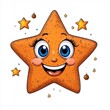 © TimelessClicks - Cute cartoon illustration of a Christmas star smiling with bright, shiny eyes, surrounded by tiny ornaments, isolated white background.