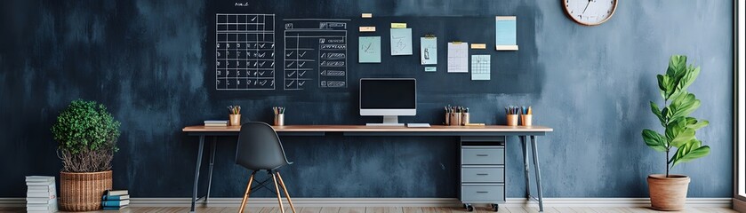 Poster - A modern workspace featuring a stylish desk, computer, and notes on a dark blue wall