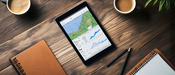 Poster - A modern workspace featuring a tablet displaying a map with data charts, surrounded by notebooks and coffee cups, ideal for illustrating productivity and planning.