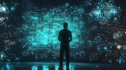 Poster - A silhouetted figure stands before a futuristic digital display, showcasing intricate data and holographic designs