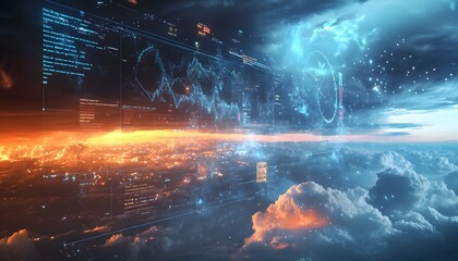 Poster - A stunning digital landscape featuring futuristic graphics and data visualizations, set against a dramatic sky