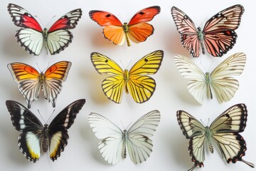 Poster - A group of colorful butterflies perched on a clean white surface