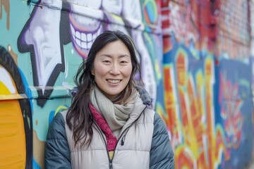 Wall Mural - Portrait of a glad asian woman in her 30s dressed in a thermal insulation vest isolated in colorful graffiti wall