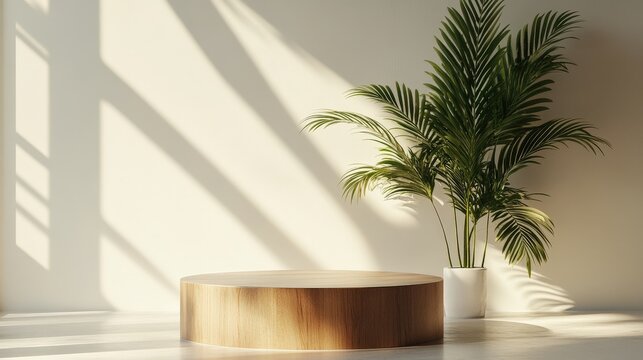 Laptop mockup on a wooden podium in a white room with shadows from a palm plant, a minimalist interior design concept