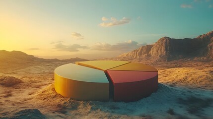 Fototapete - A vibrant pie chart in a stunning desert landscape at sunset, symbolizing data visualization and analysis in a creative business context. Ideal for presentations and reports.
