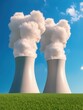 © Daylife - Nuclear energy. Cooling towers emitting steam against a clear blue sky.