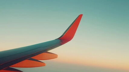 Aufkleber - Airplane wing with red winglets flying high above the clouds during a vibrant sunset, creating a captivating travel image