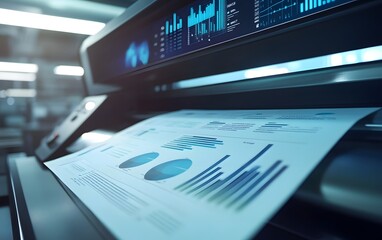 Poster - This close-up image showcases a printer producing detailed graphs and charts, emphasizing modern technology in the workplace. Perfect for business and technology-related content.