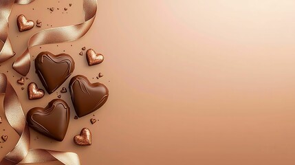 Wall Mural - Chocolates romantic gestures. A romantic arrangement featuring various heart-shaped chocolates and ribbons on a soft, warm background.