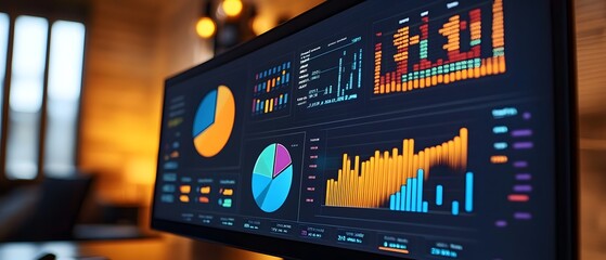 Poster - A close-up view of a modern computer screen displaying colorful graphs and charts. The background features warm lighting, creating a professional atmosphere for data analysis.