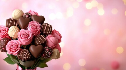 Wall Mural - Chocolates romantic gestures. A beautiful bouquet of pink roses and chocolate treats, creating a delightful and romantic gift against a soft, bokeh background.