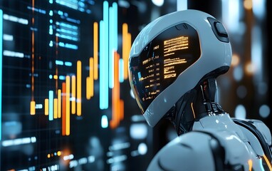 Poster - A futuristic robot analyzing data on a digital screen, showcasing advanced technology and innovation in artificial intelligence. Perfect for themes of robotics and data analysis.